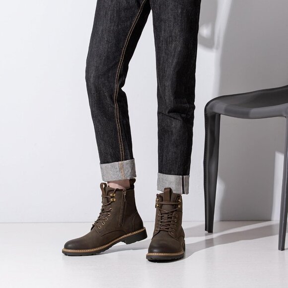 ⚡Men\'s Brown Motorcycle Lace Up Casual Leather Boots Zipper Fashion Chukka Boot